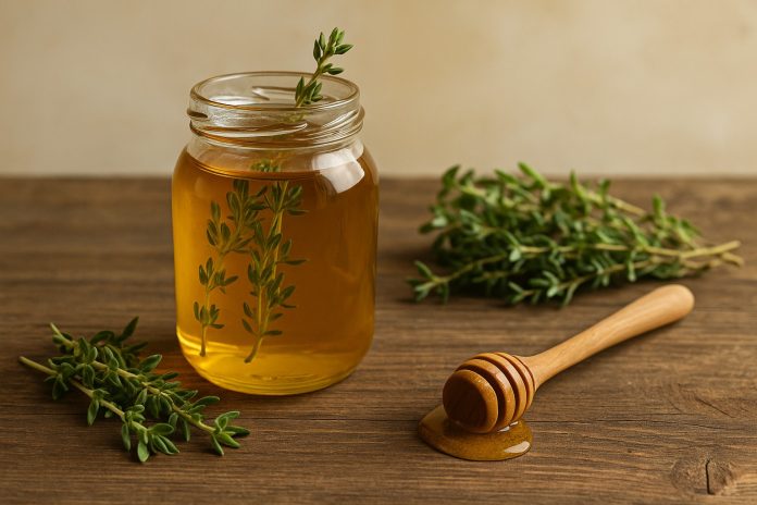 Borcan cu miere și crenguțe de cimbru, alături de linguriță de lemn și frunze proaspete pe masă rustică.