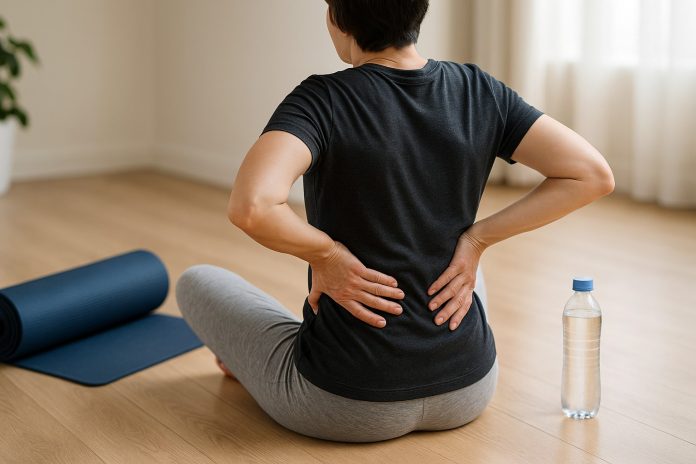 remedii-naturale-dureri-articulare.jpg Persoană care își masează zona lombară, lângă un covoraș de yoga – soluții naturale pentru durerile articulare și de spate.