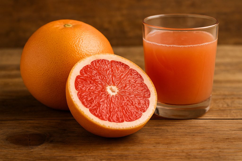 Grapefruit întreg și tăiat în jumătăți, alături de un pahar cu suc proaspăt, pe masă rustică.