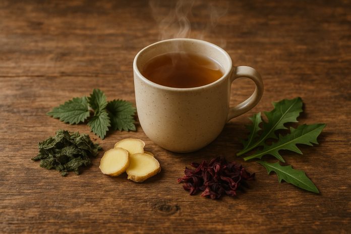 Cinci ceaiuri naturale – verde, urzică, ghimbir, păpădie și hibiscus – așezate pe masă rustică