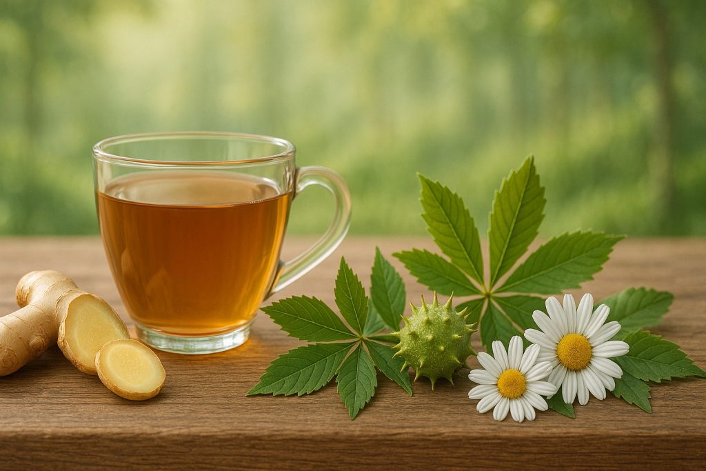 Ceașcă cu ceai din plante și ingrediente naturale – remediu naturist pentru sprijinirea circulației și reducerea disconfortului venos.