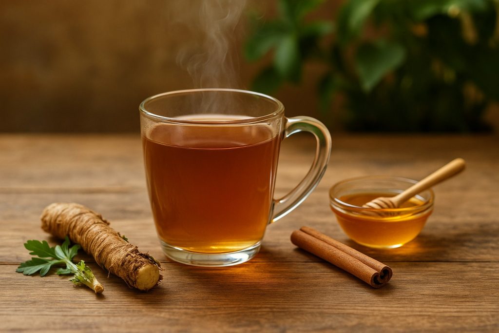 Fotografie realistă, luminoasă, cu o cană transparentă de ceai cald, aburind, așezată pe o masă din lemn rustic, alături de un bol cu miere, un băț de scorțișoară și rădăcină de cicoare proaspătă. Fundal cald, cu plante și lumină naturală.
