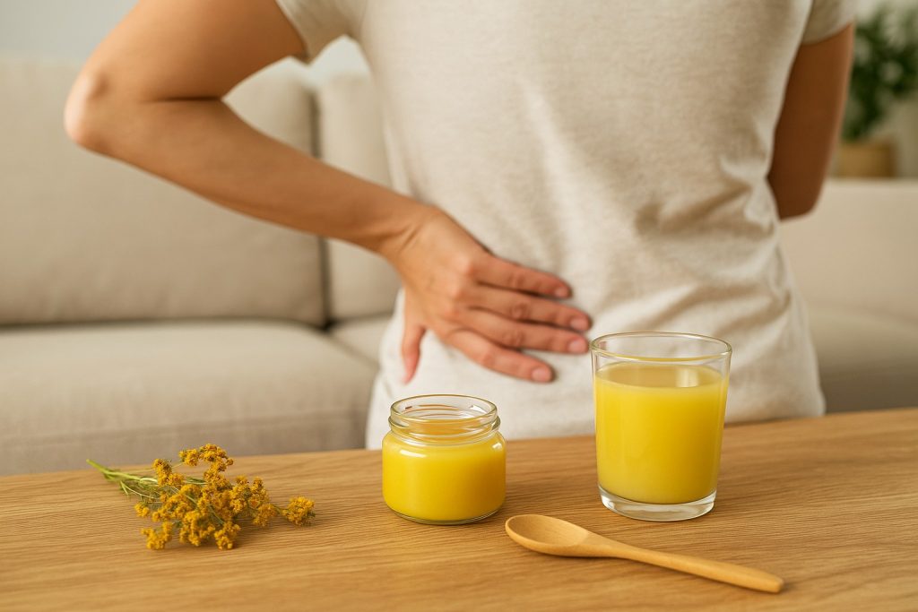 Alifie tradițională din sânziene aplicată pe zona lombară pentru calmarea durerilor