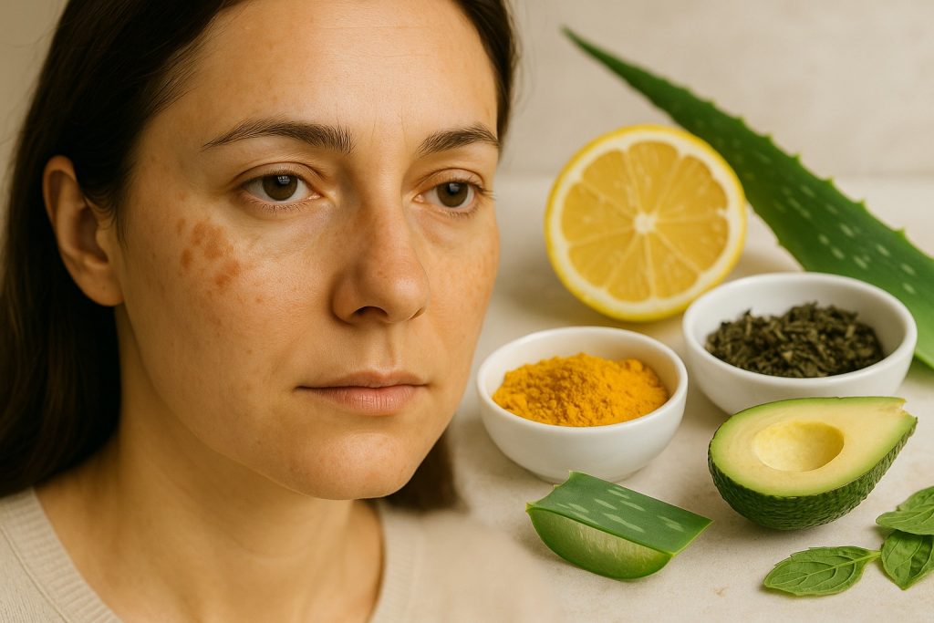 Față de femeie cu pete pigmentare și ingrediente naturale pentru estompare: aloe vera, lămâie, turmeric și ceai verde.
