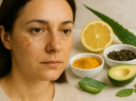 10 metode simple și sigure să estompezi petele maronii de pe piele — fără tratamente invazive Față de femeie cu pete pigmentare și ingrediente naturale pentru estompare: aloe vera, lămâie, turmeric și ceai verde.