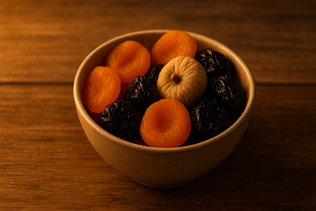 Bol cu caise uscate, smochine și prune pe masă luminată cald, simbol al beneficiilor pentru coloană și vedere