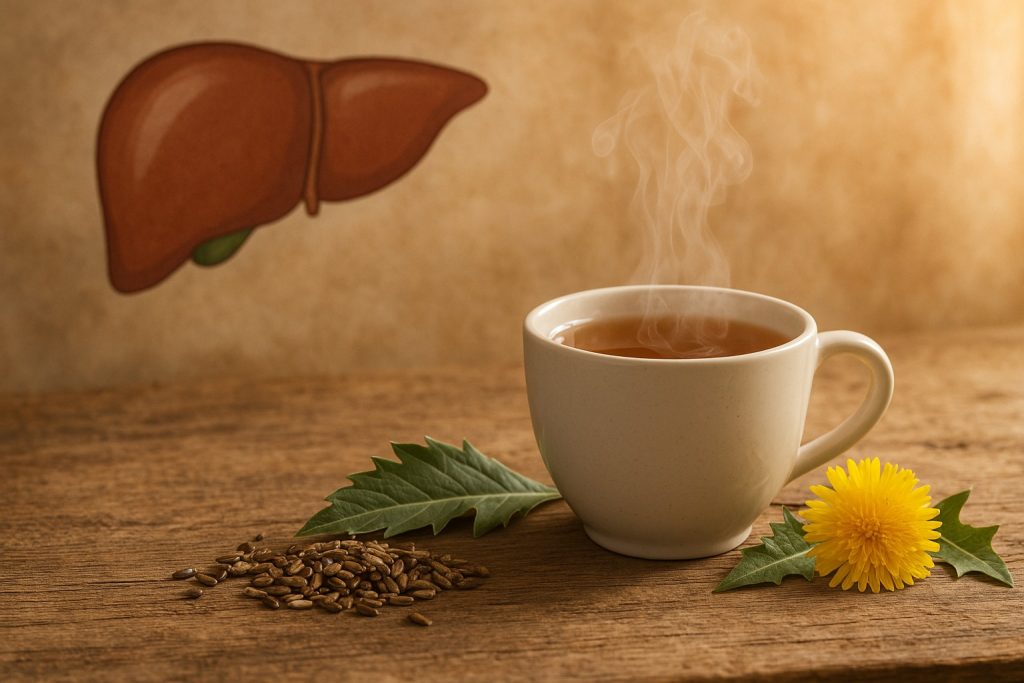 Cană de ceai cu plante pentru ficat și ilustrație stilizată a unui ficat sănătos