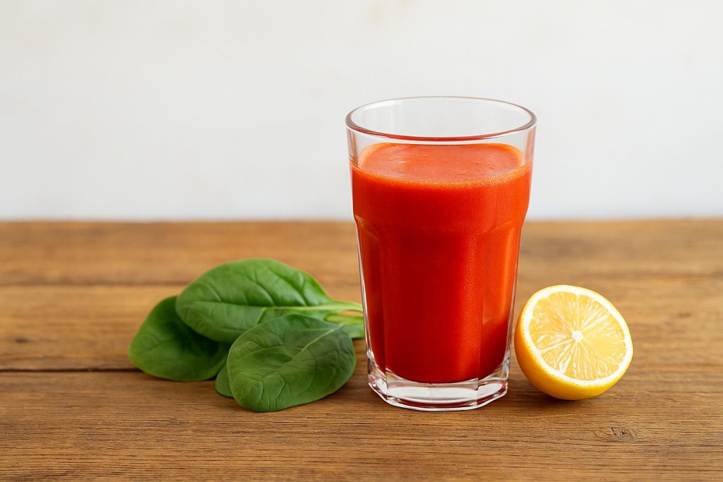 Pahar cu suc proaspăt de sfeclă și morcov, lângă frunze verzi și lămâie, simbol al unei cure naturale pentru ficat.