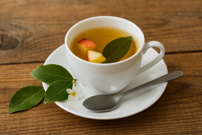 Ceașcă cu ceai din măr și frunze de dafin pe masă de lemn, cu bucăți de măr și frunze proaspete lângă