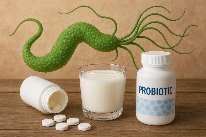 Imagine cu bacteria Helicobacter pylori și produse simbolice pentru tratament: iaurt și probiotice.