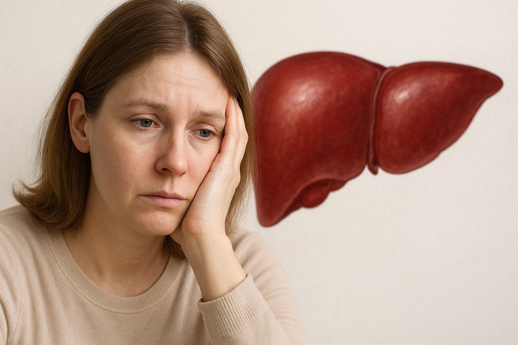 Femeie obosită, palidă, sprijinind capul, cu o ilustrație medicală a ficatului roșiatic în fundal