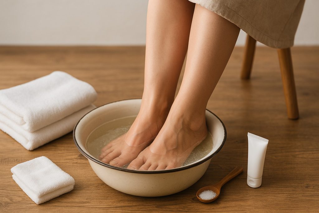 Femeie relaxată cu picioarele într-un lighean cu apă caldă și sare – remediu natural pentru dureri de picioare, cârcei și bătături.