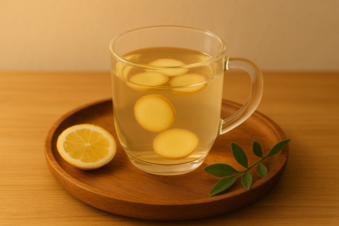 Cana de apă fierbinte cu felii de ghimbir proaspăt și lămâie pe tavă de lemn – simbol al unui ritual sănătos.