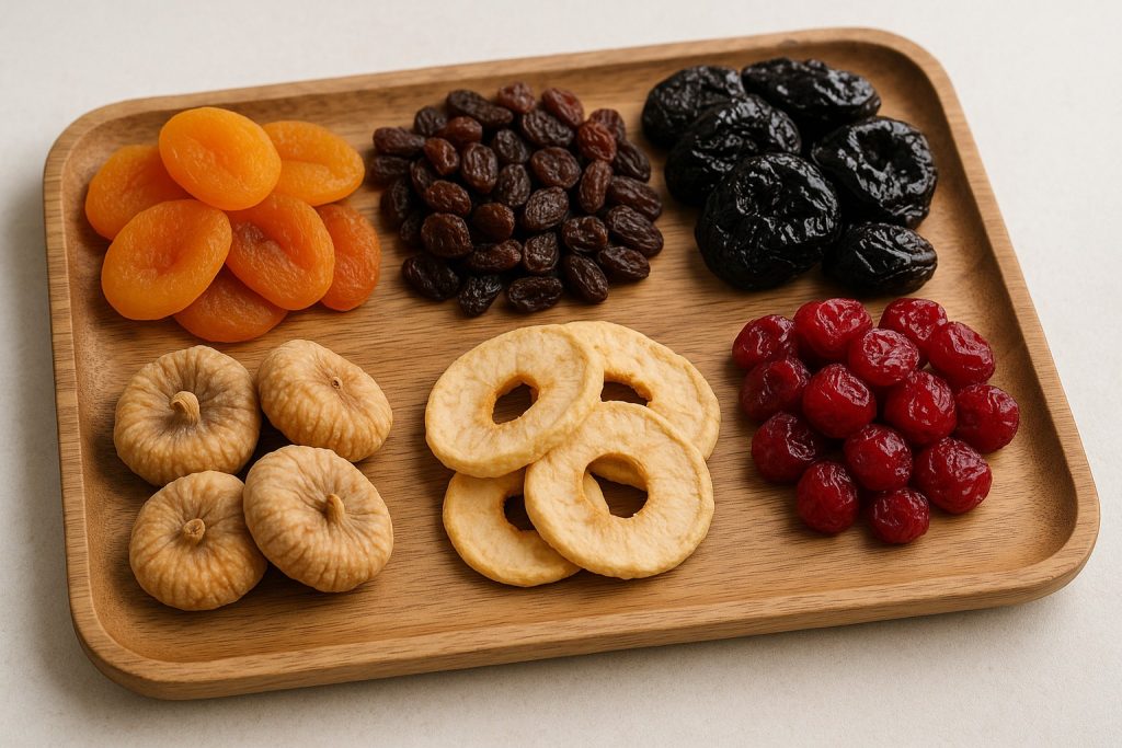 Caise, stafide, prune, smochine, mere și cireșe uscate pe tavă rustică, cu pictograme care ilustrează beneficiile lor pentru sănătate