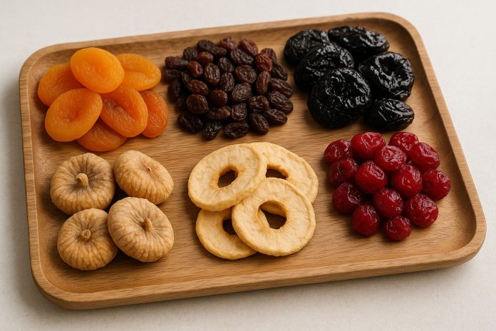 fructe-uscate-beneficii.jpg Caise, stafide, prune, smochine, mere și cireșe uscate pe tavă rustică, cu pictograme care ilustrează beneficiile lor pentru sănătate