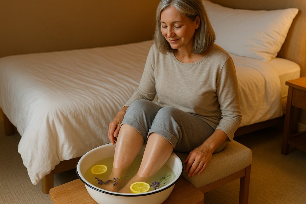 Femeie relaxându-se cu picioarele într-o baie caldă cu lavandă și lămâie, acasă.