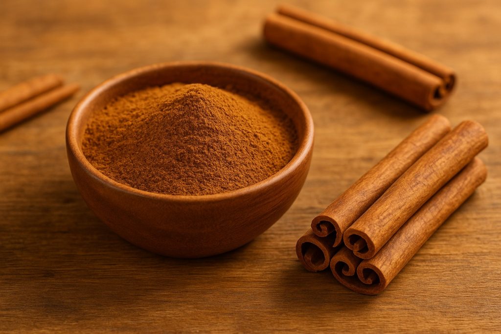 Scorțișoară pudră și batoane de scorțișoară pe fundal rustic, lângă un bol cu mirodenii