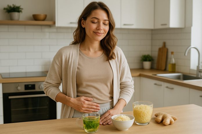 balonare-solutii-naturale-1200x800.jpg Femeie relaxată, zâmbind, într-o bucătărie cu plante și ceai de mentă, simbol al unui abdomen plat și al unei digestii sănătoase.