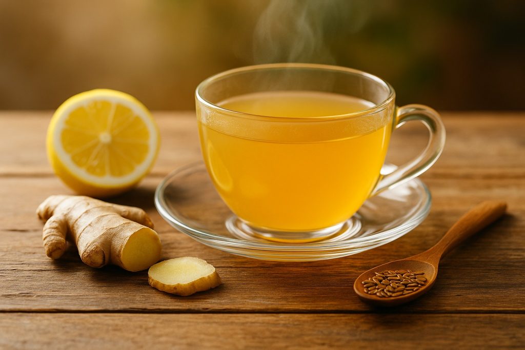 Ceașcă cu băutură de dimineață din lămâie, ghimbir și semințe de in, pentru inimă, ficat și colon.