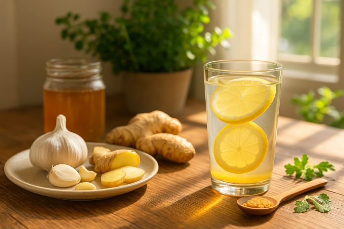 Pahar cu apă, lămâie, miere, usturoi și ghimbir pe masă rustică, simbol al detoxifierii și prevenirii cancerului