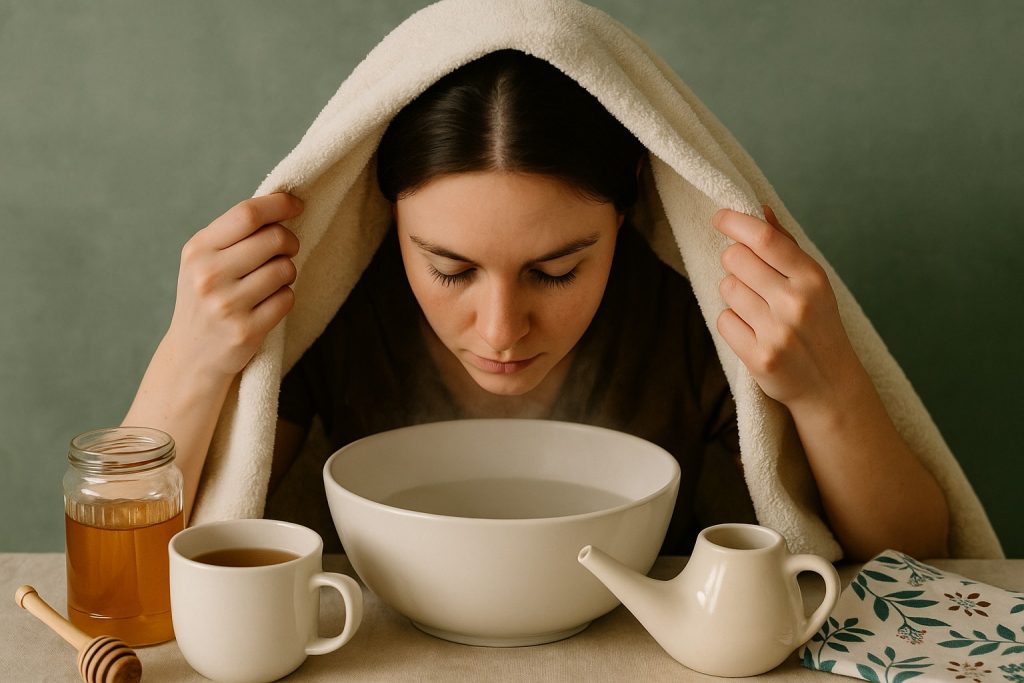 Femeie care face tratament naturist pentru sinuzită, inhalând aburi cu prosop deasupra capului