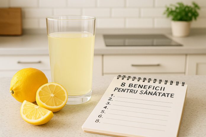 Pahar cu apă și suc de lămâie, felii de lămâie și un carnețel cu mențiunea „8 beneficii pentru sănătate