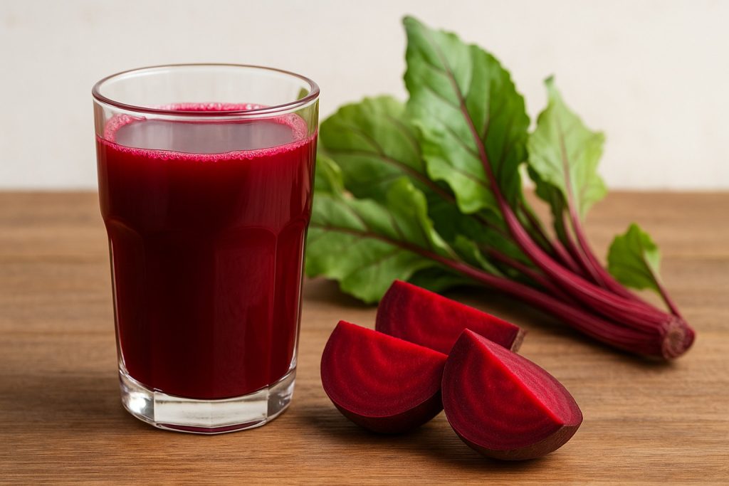 Pahar cu apă de sfeclă și bucăți de sfeclă crudă pe masă – remediu natural pentru plămâni și imunitate.