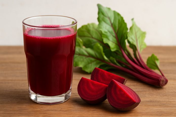 Pahar cu apă de sfeclă și bucăți de sfeclă crudă pe masă – remediu natural pentru plămâni și imunitate.