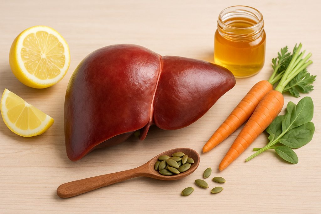Bol cu amestec de morcovi, frunze verzi și lămâie, lângă borcan de miere – remediu naturist pentru susținerea ficatului.
