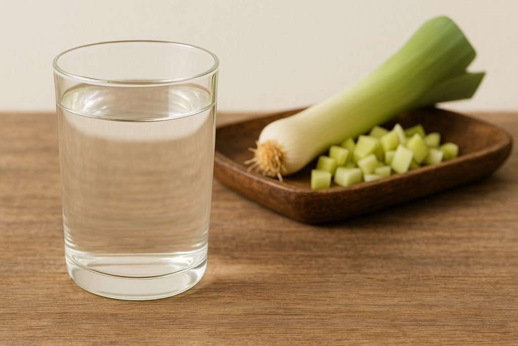 Pahar cu apă infuzată cu praz pe masă – remediu naturist pentru echilibrarea zahărului din sânge.