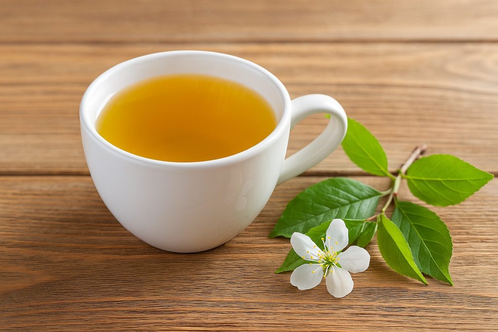 Ceașcă cu ceai din frunze de prun proaspete, pe masă rustică din lemn