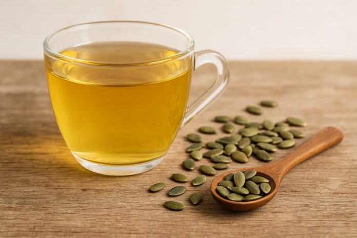 ceai-seminte-dovleac.jpg Ceașcă cu ceai de semințe de dovleac pe masă, alături de semințe crude – remediu natural pentru prostată, glicemie și colesterol.