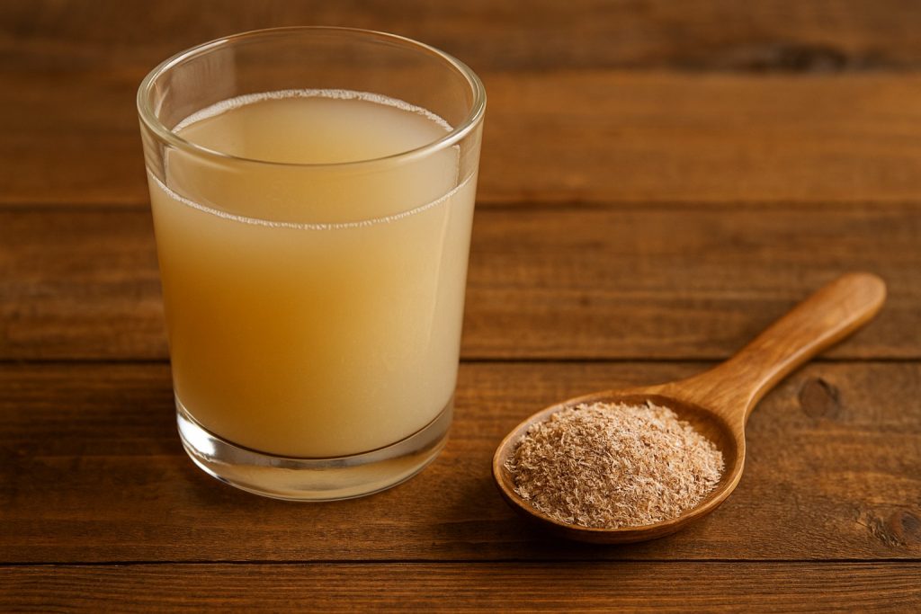 Pahar cu apă de tărâțe alături de lingură cu tărâțe, pe masă rustică.