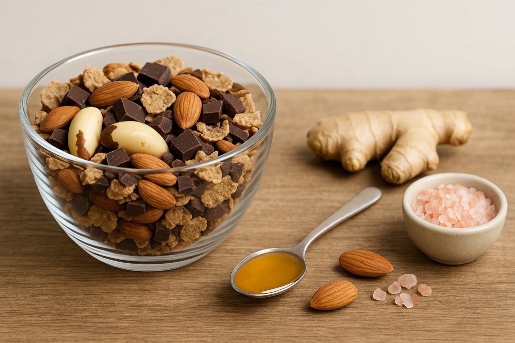 Bol cu amestec de nuci braziliene, migdale, ciocolată neagră, miere și sare roz – gustare naturală pentru sănătatea tiroidei.