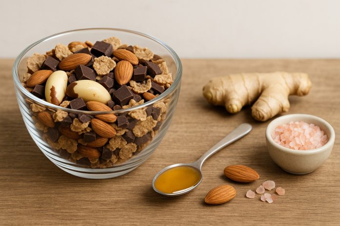 Bol cu amestec de nuci braziliene, migdale, ciocolată neagră, miere și sare roz – gustare naturală pentru sănătatea tiroidei.