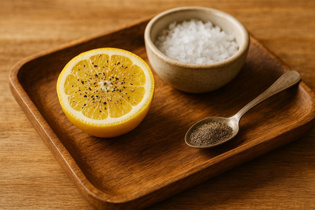 Lămâie tăiată, sare grunjoasă și piper negru pe tavă de lemn – remedii simple pentru răceli, digestie sau stări neplăcute.