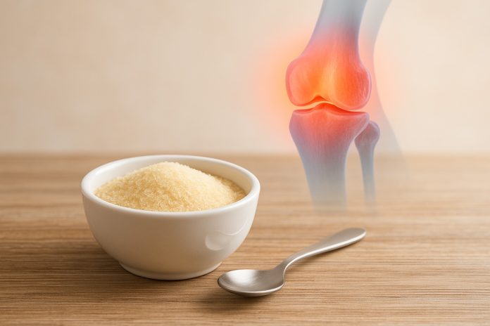 Bol cu gelatină și ilustrație a articulațiilor genunchiului, remediu natural pentru dureri