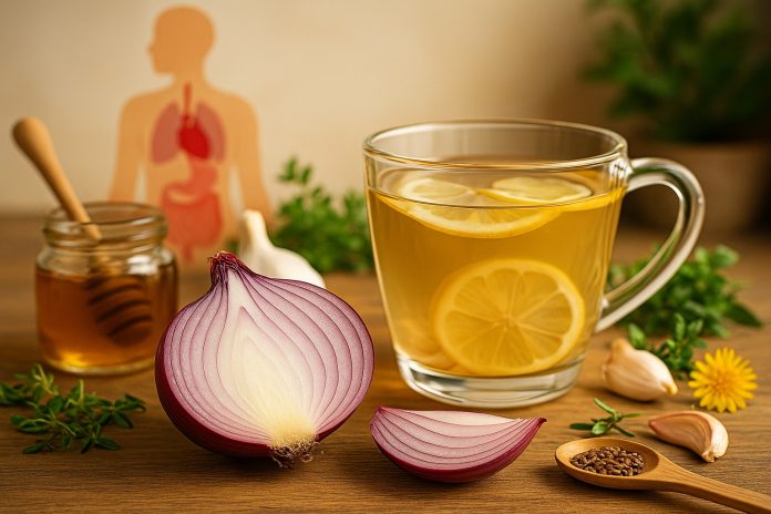 Ceapă tăiată și infuzie de ceapă cu miere și ierburi, remediu natural pentru inimă, plămâni și digestie.