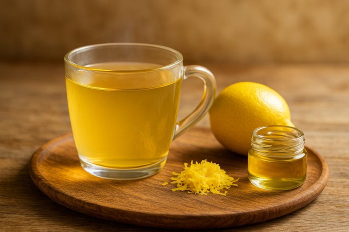 coaja-lamaie-beneficii-articulatii Infuzie de coajă de lămâie cu coji proaspete și borcan cu ulei de măsline pe fundal rustic.