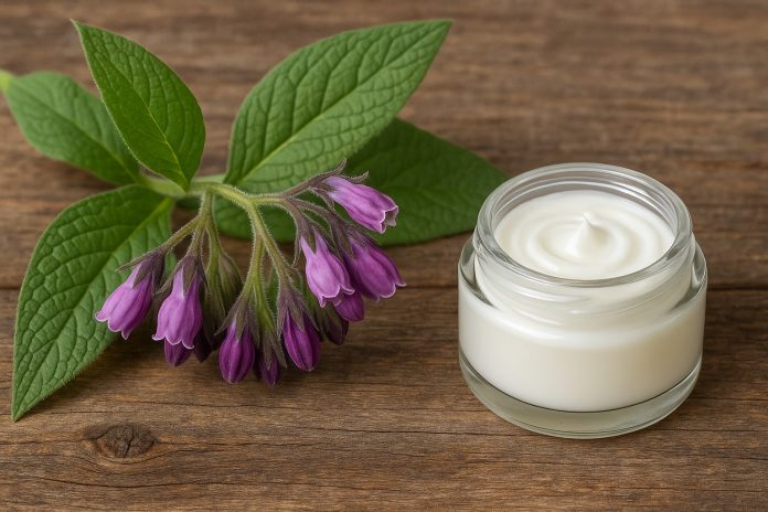 Planta de țătăneasă cu flori mov și frunze late, lângă un borcan cu cremă naturală pentru uz extern.