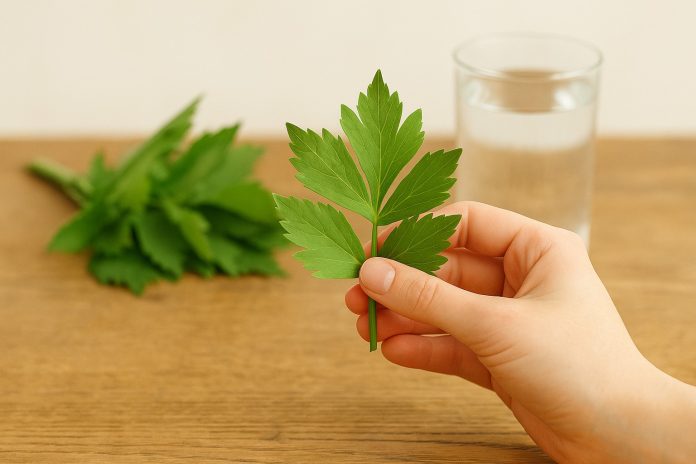 leustean-frunze-mestecat.jpg Mână feminină ținând frunze proaspete de leuștean, pe o masă rustică cu legătură de verdeață și un pahar cu apă