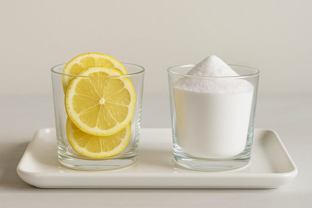 Pahar cu apă, felii de lămâie și linguriță cu bicarbonat de sodiu, ilustrând combinația discutată pentru beneficiile și riscurile ei.