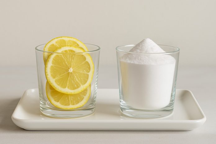 Pahar cu apă, felii de lămâie și linguriță cu bicarbonat de sodiu, ilustrând combinația discutată pentru beneficiile și riscurile ei.