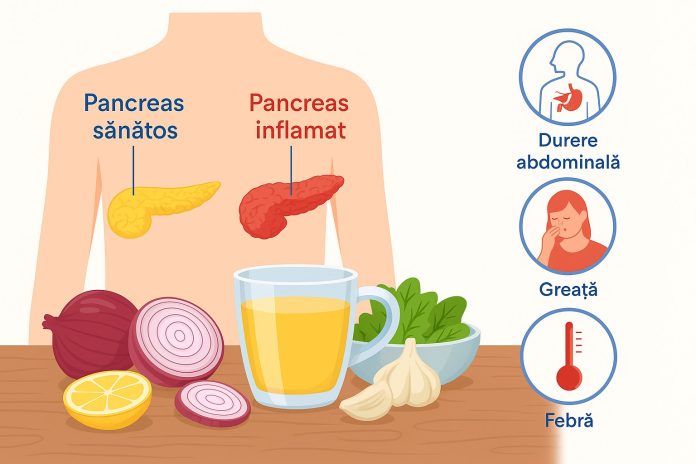 pancreas_inflamat_simptome.jpg Diagramă medicală comparativă: pancreas sănătos vs inflamat, cu simboluri pentru simptomele principale ale pancreatitei.