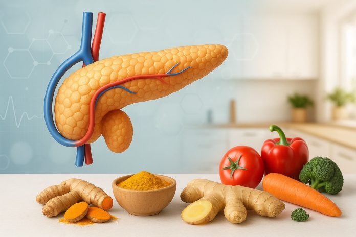 Ilustrație a pancreasului în context medical, însoțită de legume și condimente naturale folosite pentru susținerea sănătății pancreatice.