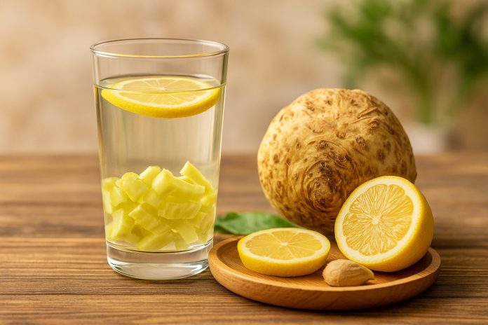 Pahar cu tonifiant din țelină și lămâie, pregătit pe masă rustică – detox pentru talie, colon și imunitate.