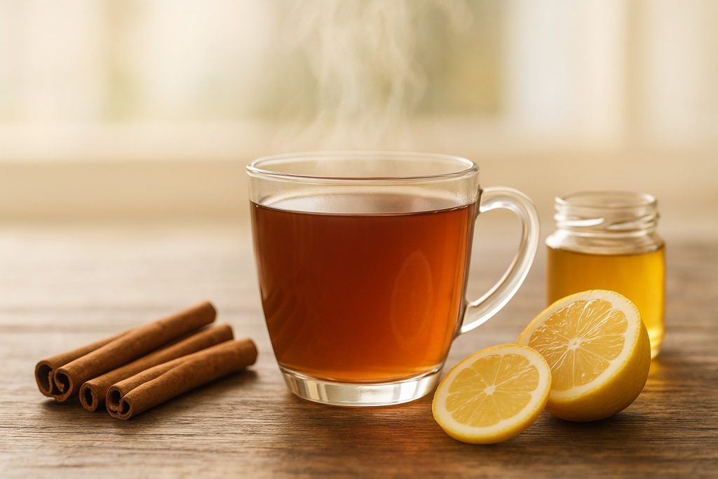 Ceașcă de ceai de scorțișoară cu batoane de scorțișoară, lămâie și miere – băutură naturală benefică pentru glicemie și sănătate metabolică.