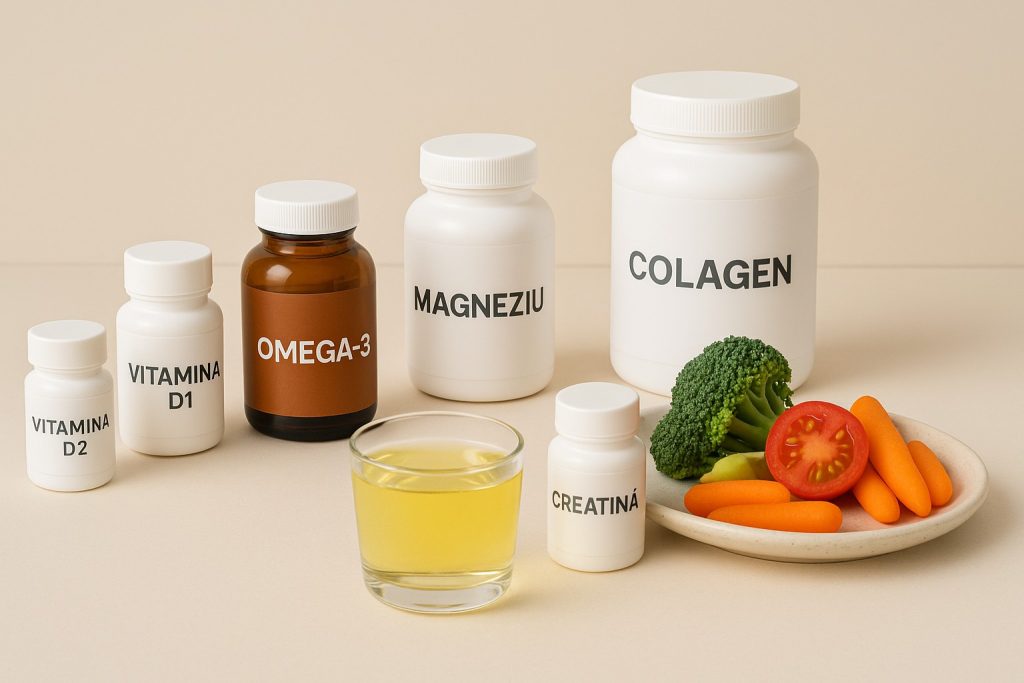 Suplimente pentru adulți peste 50 de ani (vitamina D, omega-3, magneziu etc.) pe fundal luminos, alături de legume colorate.