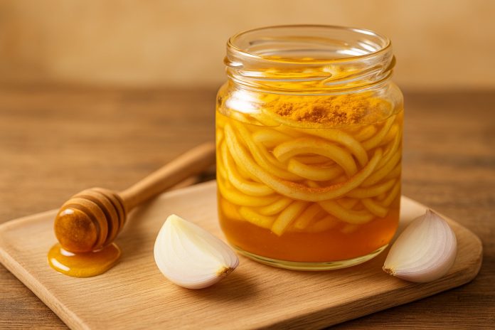sirop-ceapa-miere-curcuma.jpg Borcan cu sirop de ceapă, miere și curcuma – remediu natural pentru calmarea tusei