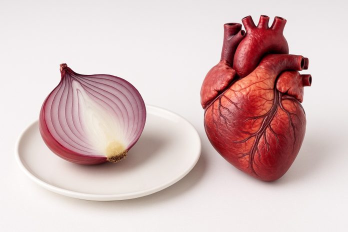 ceapa-beneficii-inima.jpg Ceapă tăiată pe farfurie, lângă simbol de inimă roșie – beneficii naturale pentru sănătatea inimii și digestie.